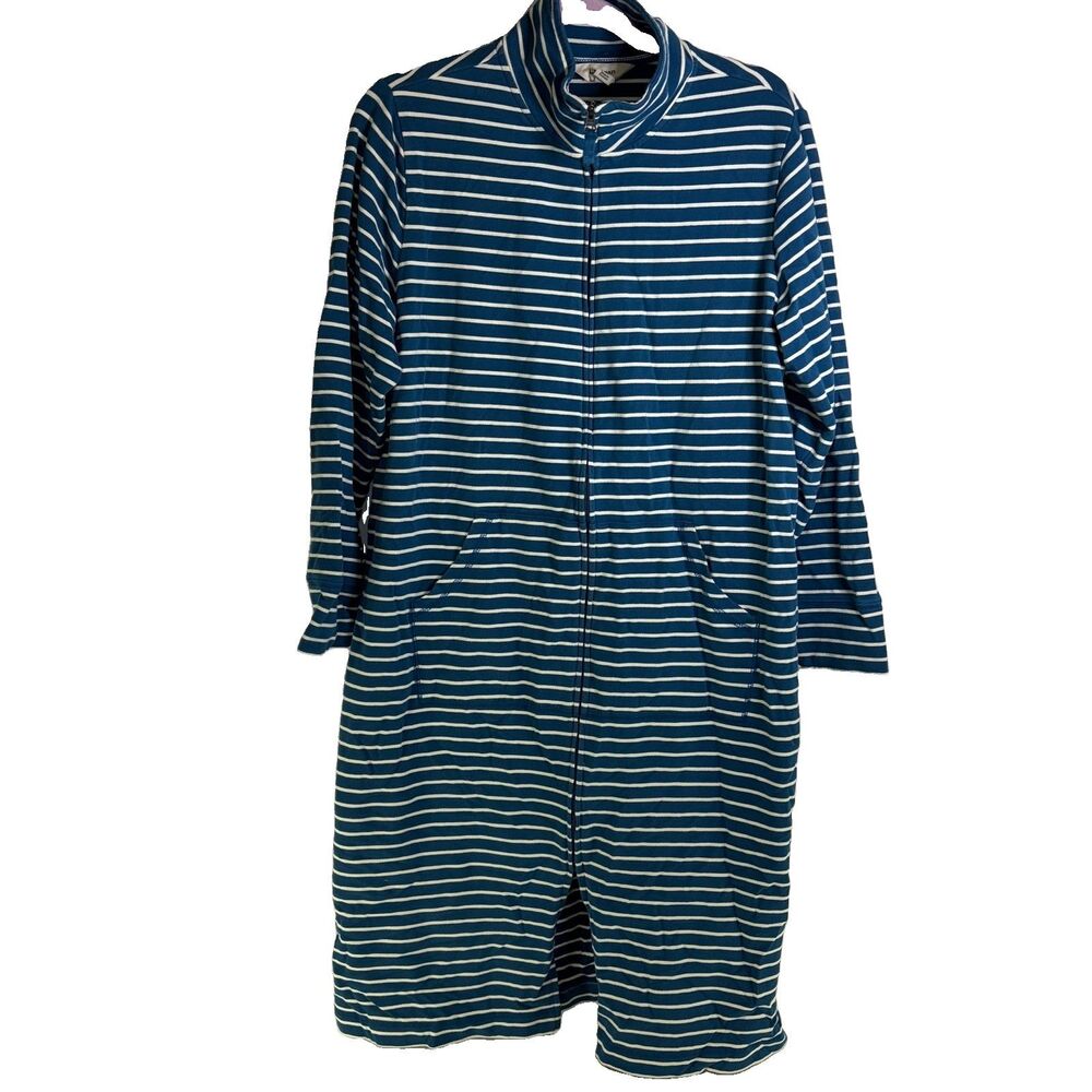 L.L.Bean Women’s Medium PetUltrasoft Sweatshirt Robe Blue White Stripe Zip Front